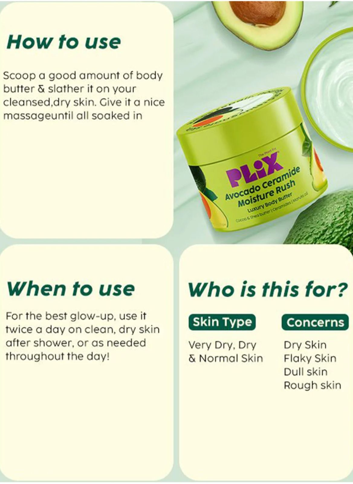 PLIX Avocado Ceramide Moisture Rush Luxury Body Butter, 200g - Image 4